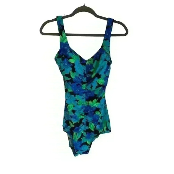 Maxine of Hollywood Other - Vintage Maxine of Hollywood Floral Black Blue Tropical One Piece Swimsuit Sz 12